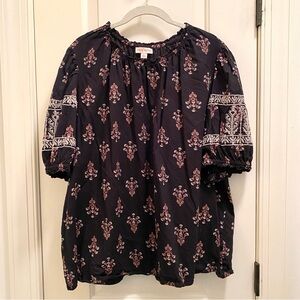 Bohemian black embroidered 3/4 puff sleeve print top XXL accents tan & ivory